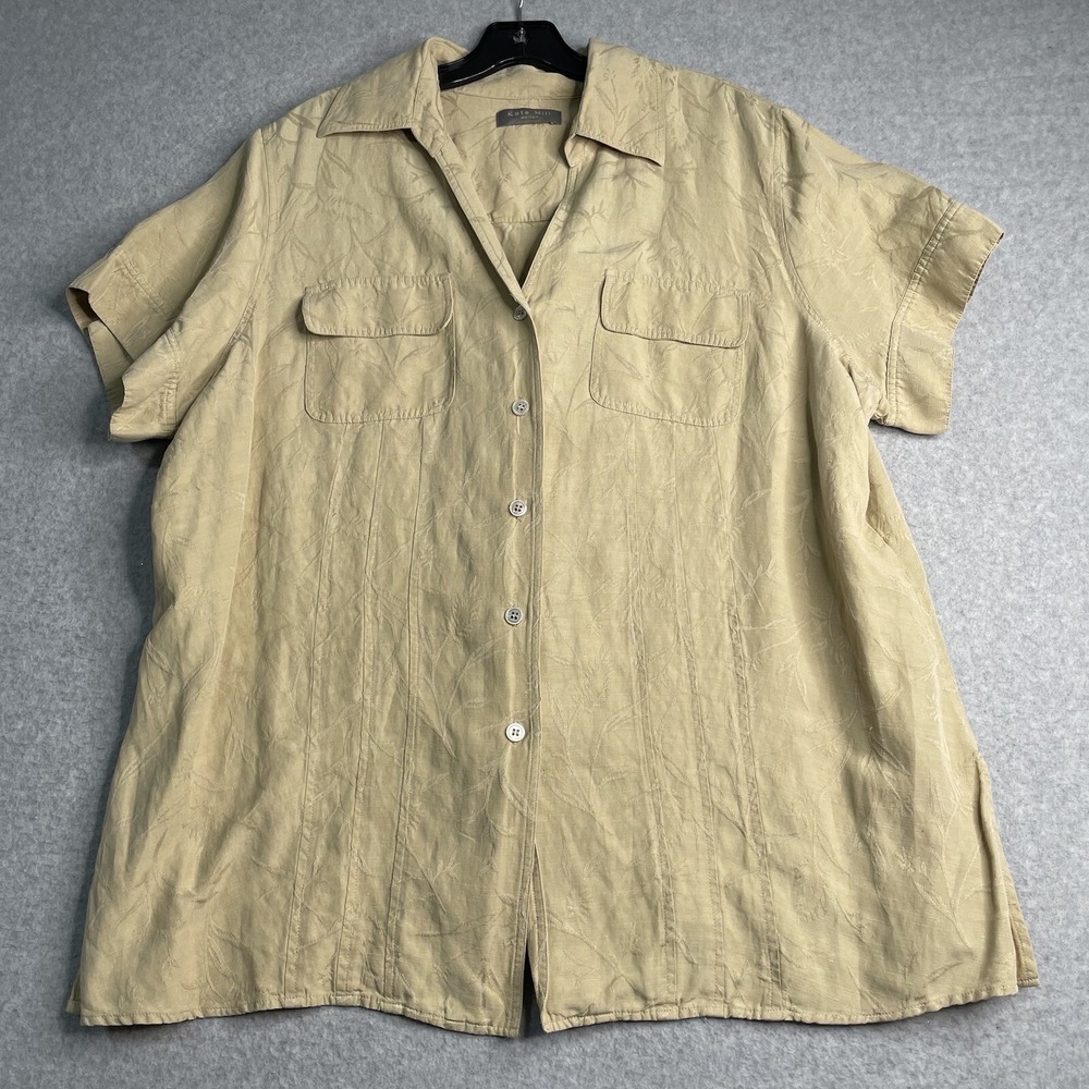 Kate Hill Top Women's 20W‎ Silk Linen Short Sleeve Button Up Beige